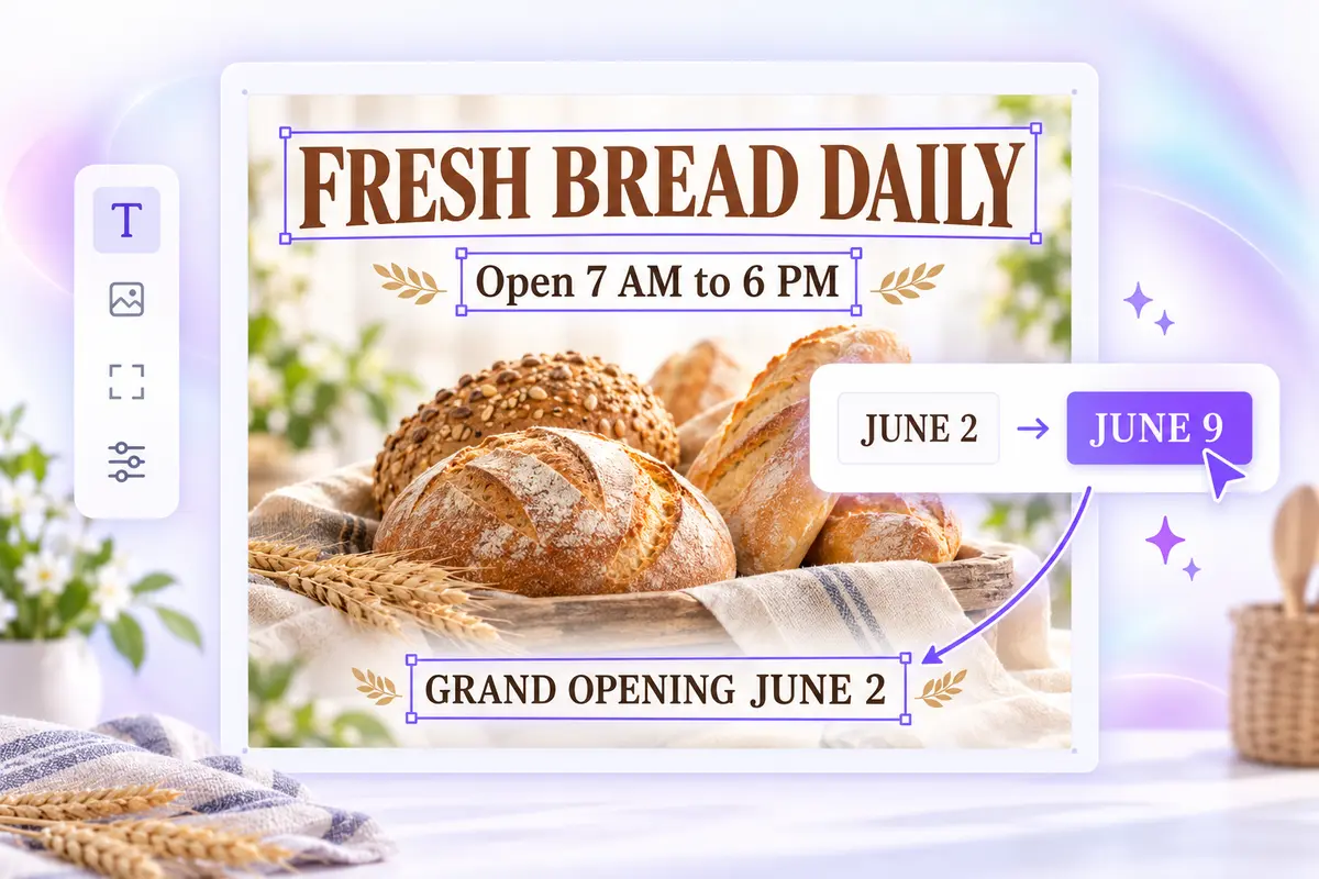 Edit Pic Text 编辑器中的面包店海报,文字区域被自动框选,日期从 June 2 改为 June 9