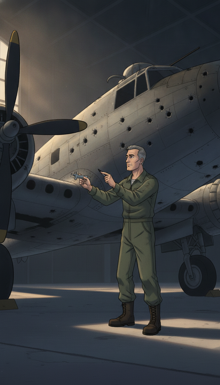Illustrated man examining a bullet-damaged aircraft inside a hangar.