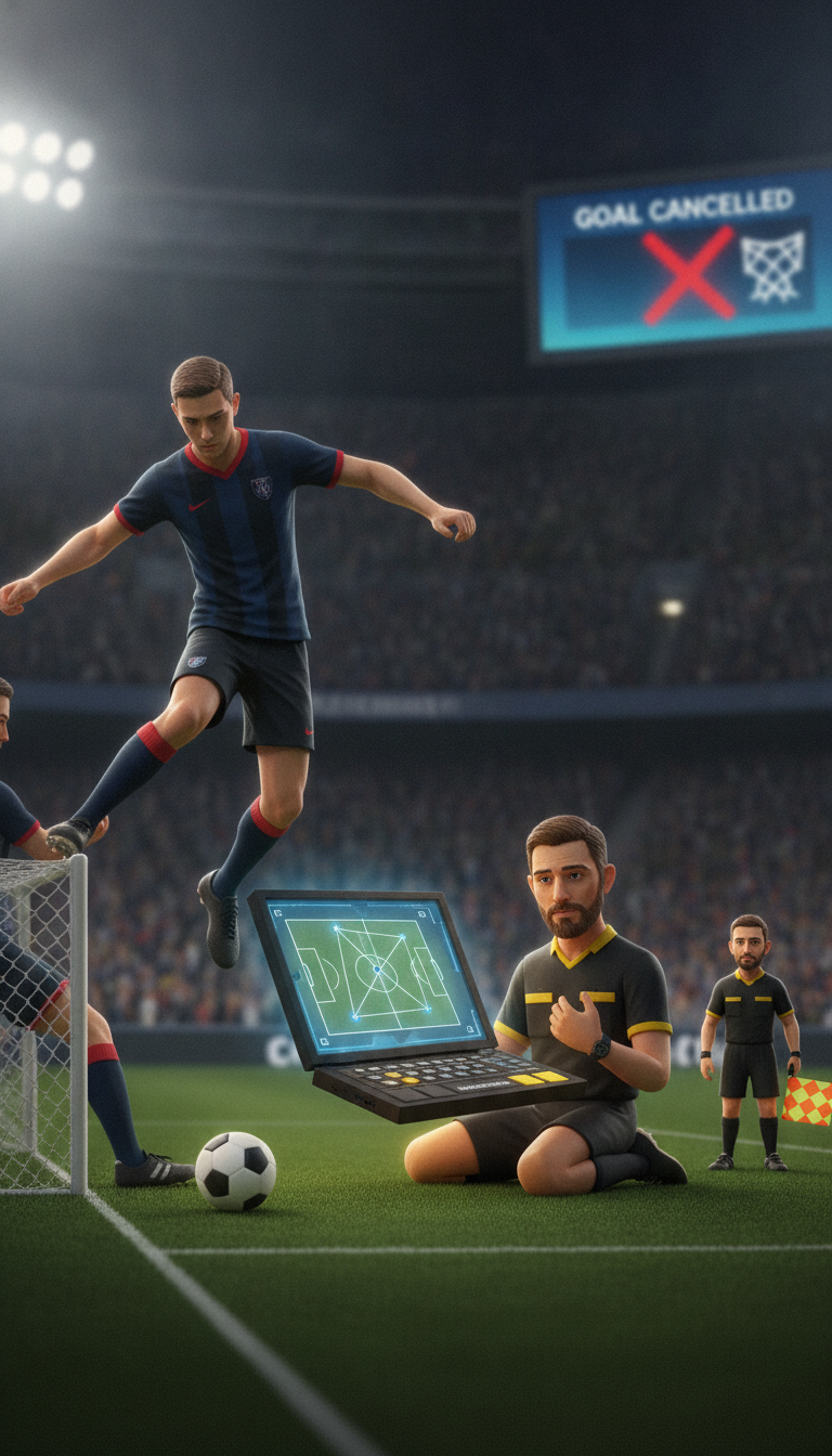 Illustrated football scene with a referee reviewing a pitch diagram and a goal-cancelled display.