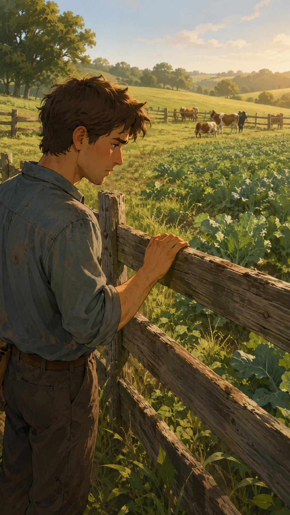 Illustrated young man beside a wooden fence overlooking a sunlit pasture with cattle.