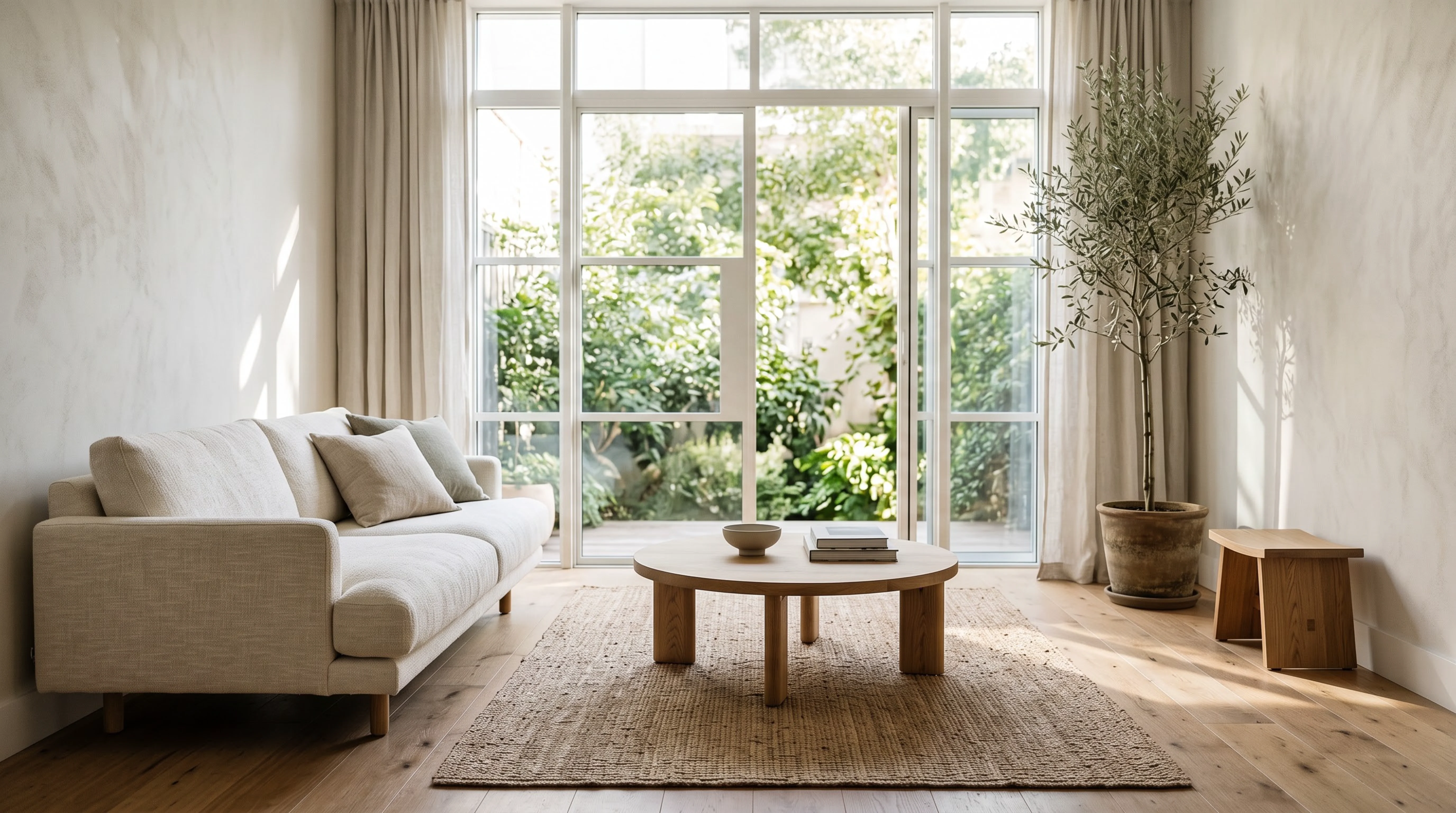 Sunlit living room with tall windows, an ivory sofa, a round oak coffee table and a potted olive tree