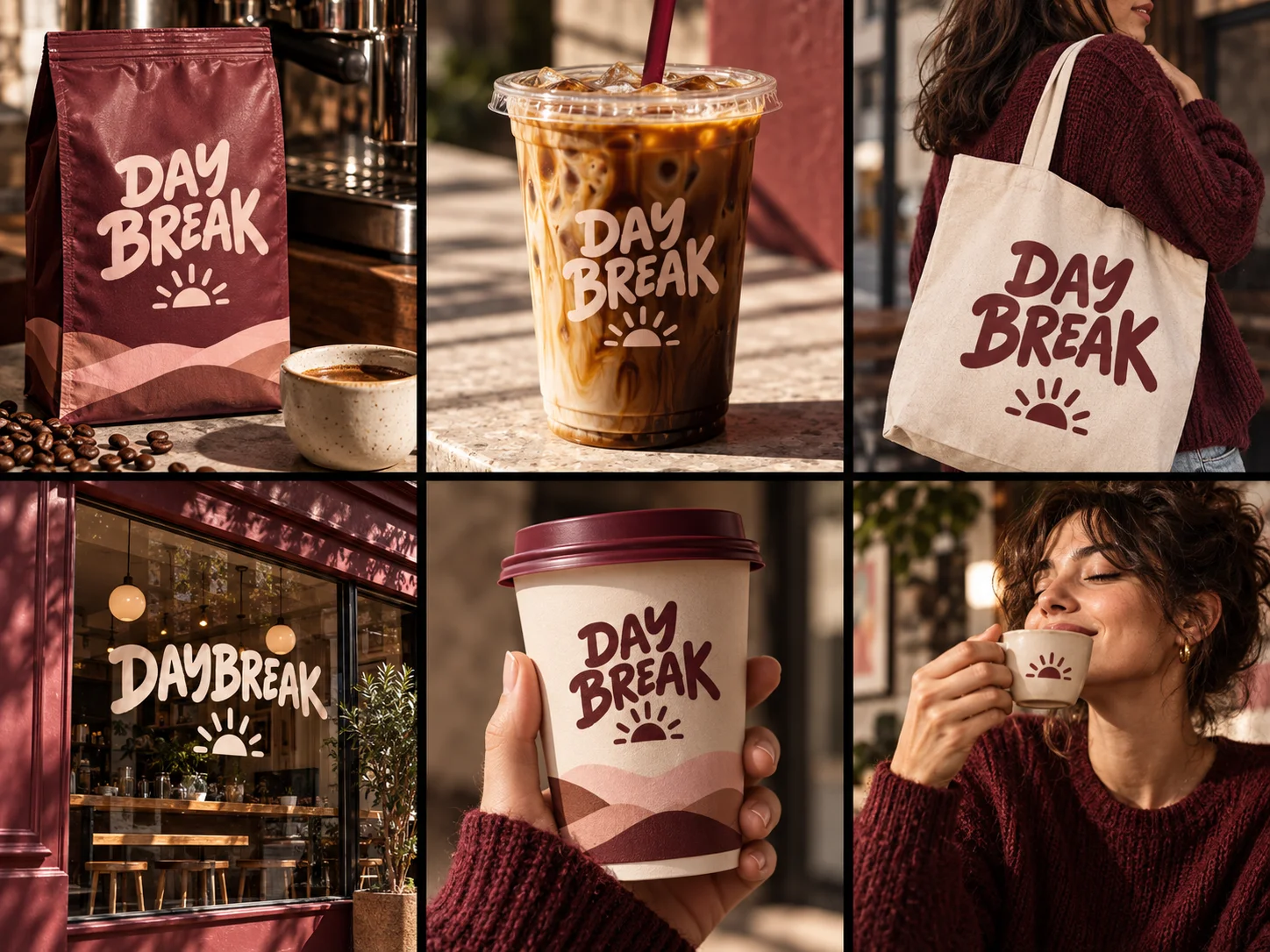 Six-panel brand campaign concept for a coffee brand named Daybreak, showing packaging, cups, a tote bag and a storefront