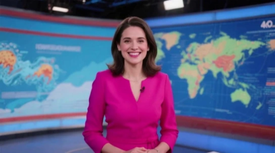 AI-generated talking video of a presenter in a pink dress standing in a news studio in front of a world map screen
