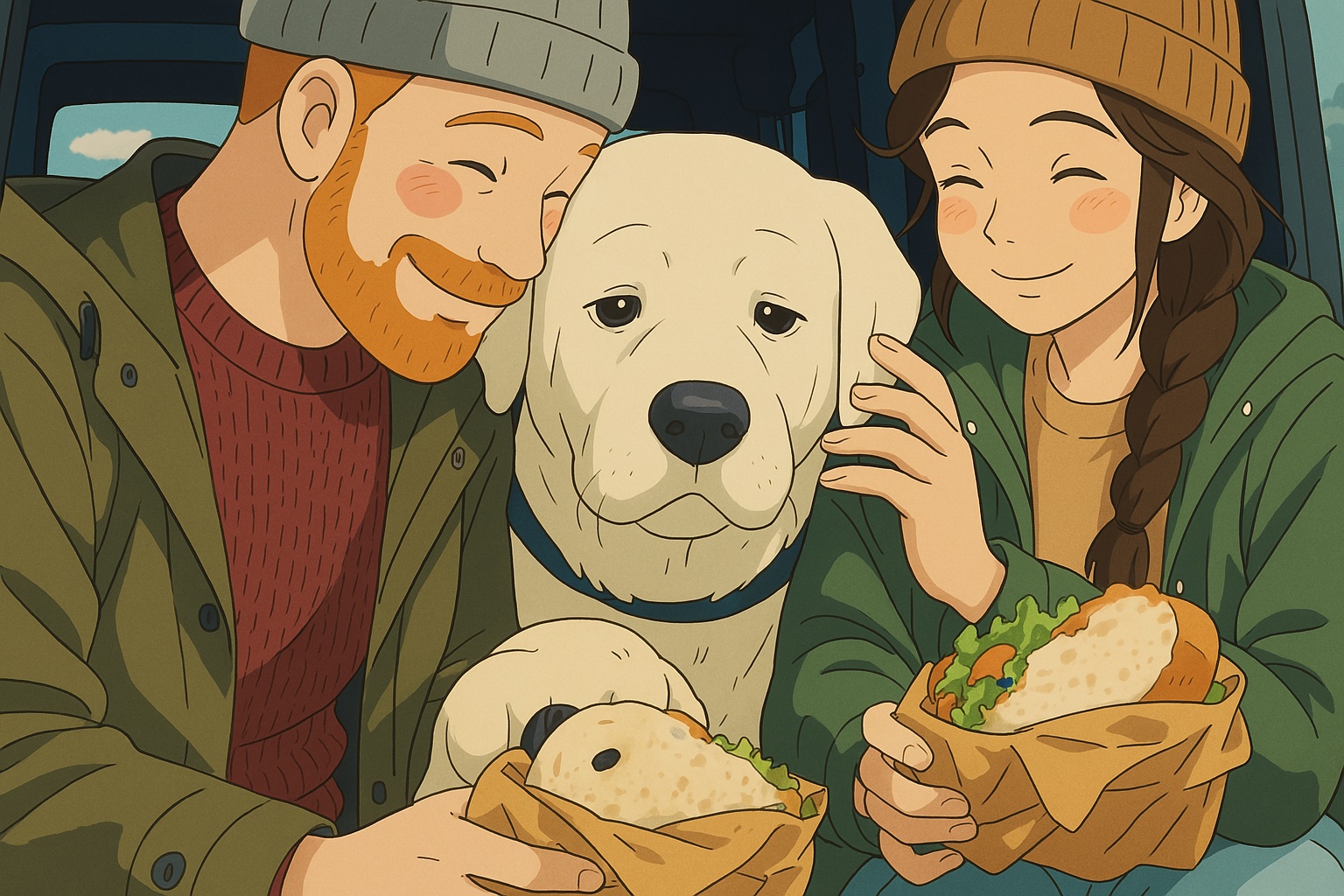The same couple and dog redrawn in a Studio Ghibli style hand-drawn animation look