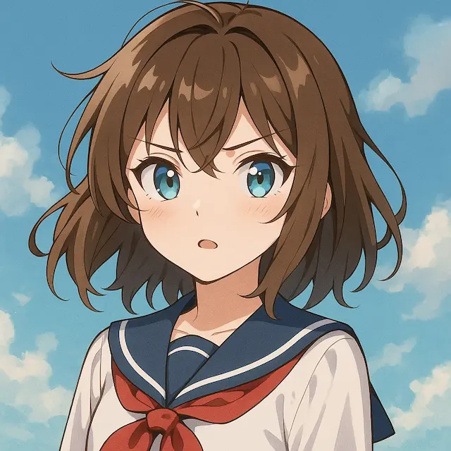 AI-generated anime style portrait of a girl with brown hair in a sailor uniform against a blue sky