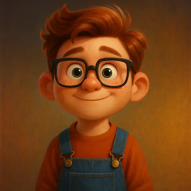 AI-generated 3D cartoon portrait of a red-haired boy with glasses and denim overalls