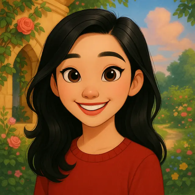 AI-generated animated-film style portrait of a smiling woman with long black hair in a garden