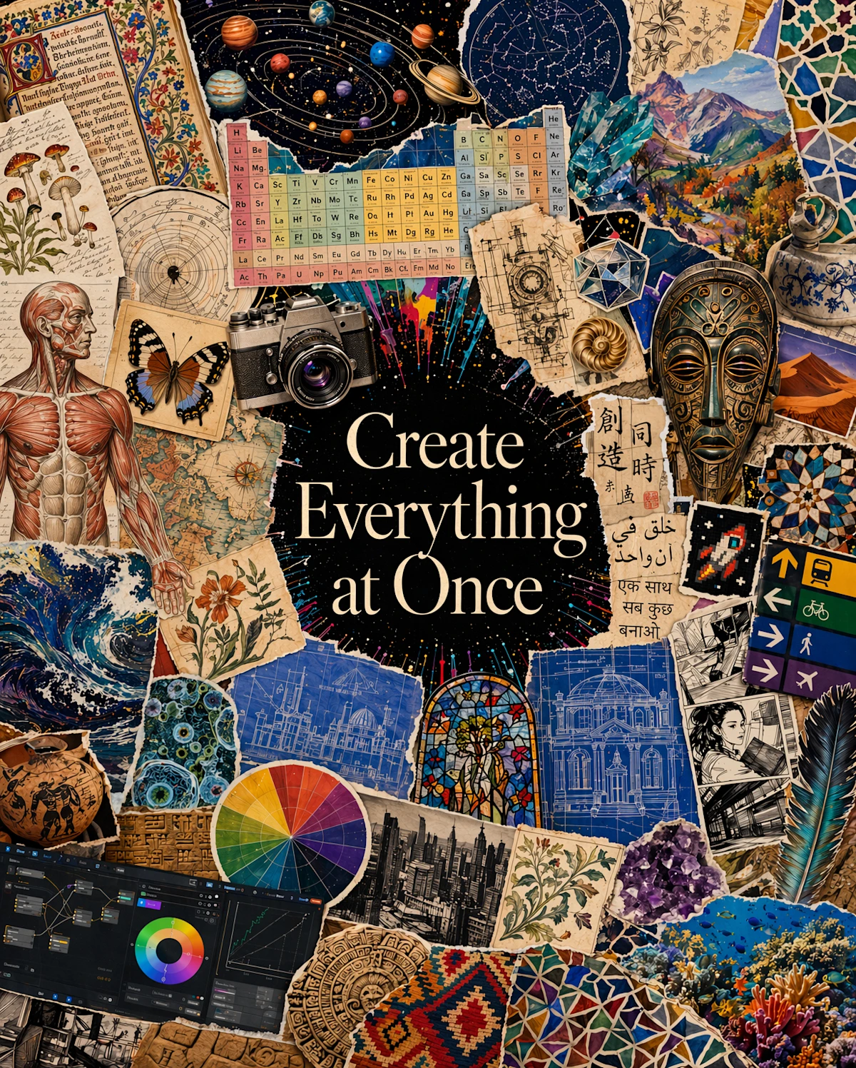 Editorial collage titled Create Everything at Once combining manuscripts, a periodic table, maps, blueprints and multilingual text