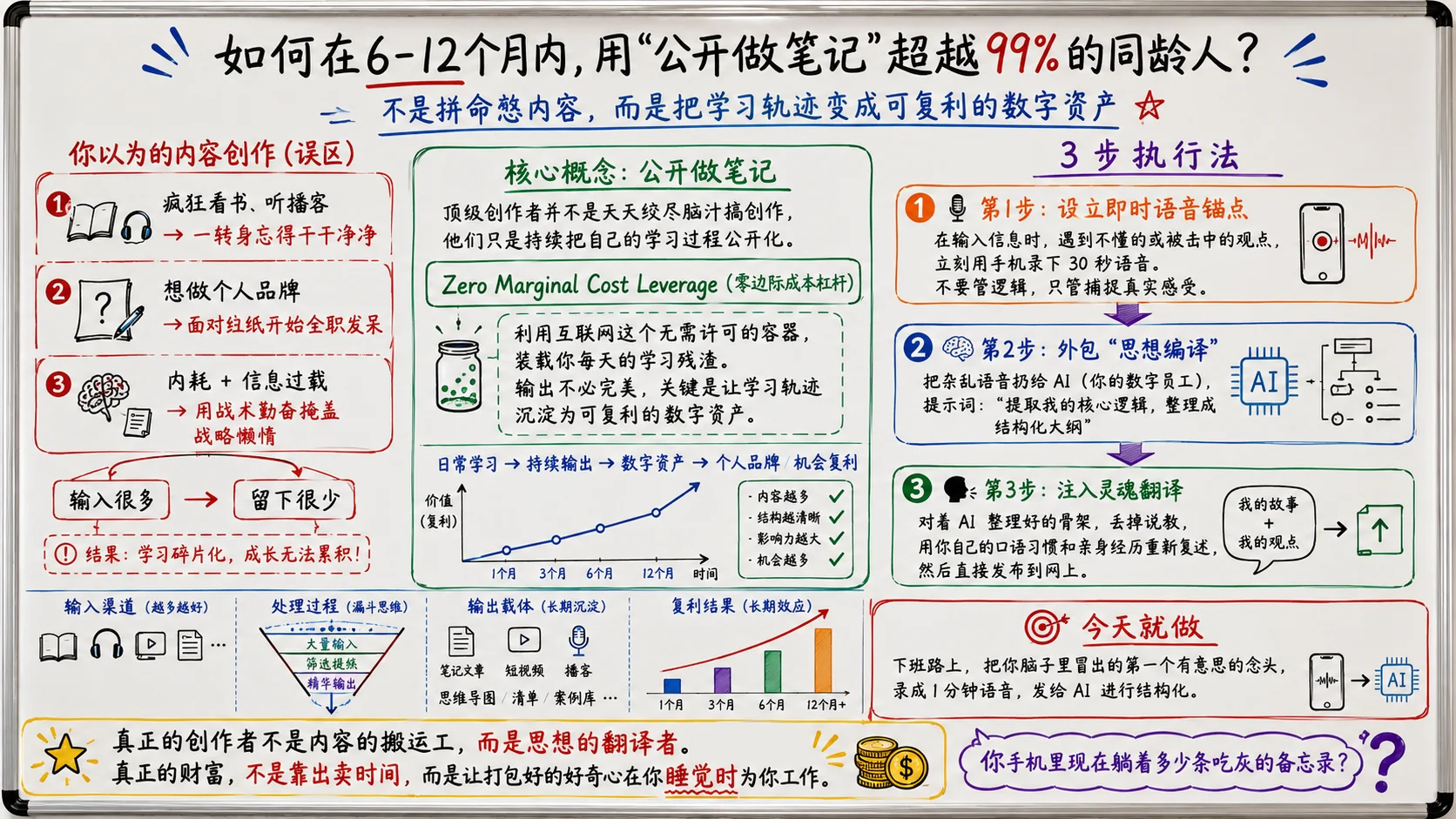 Generated whiteboard explainer with hand-drawn Chinese text, diagrams, arrows and color-coded sections