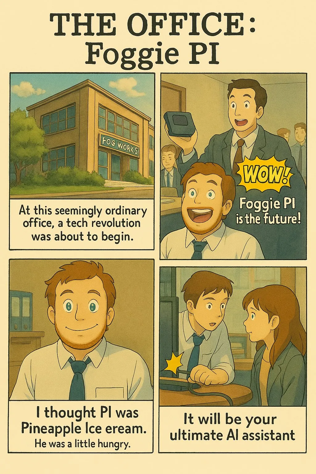 Four-panel comic with readable captions and speech text, generated in a warm hand-drawn style