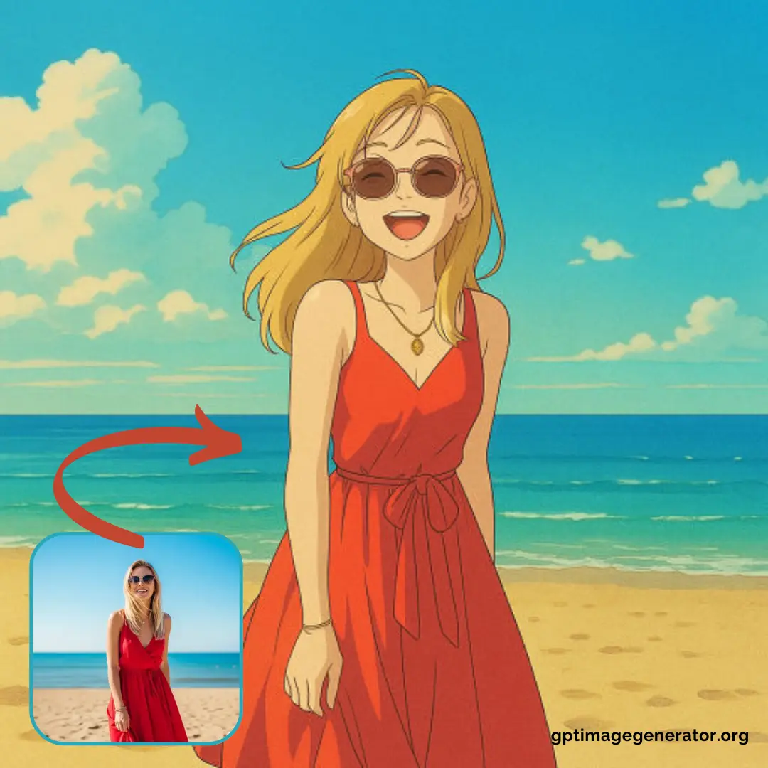 Before-and-after example: a beach photo of a woman in a red dress converted into a Japanese anime-style illustration