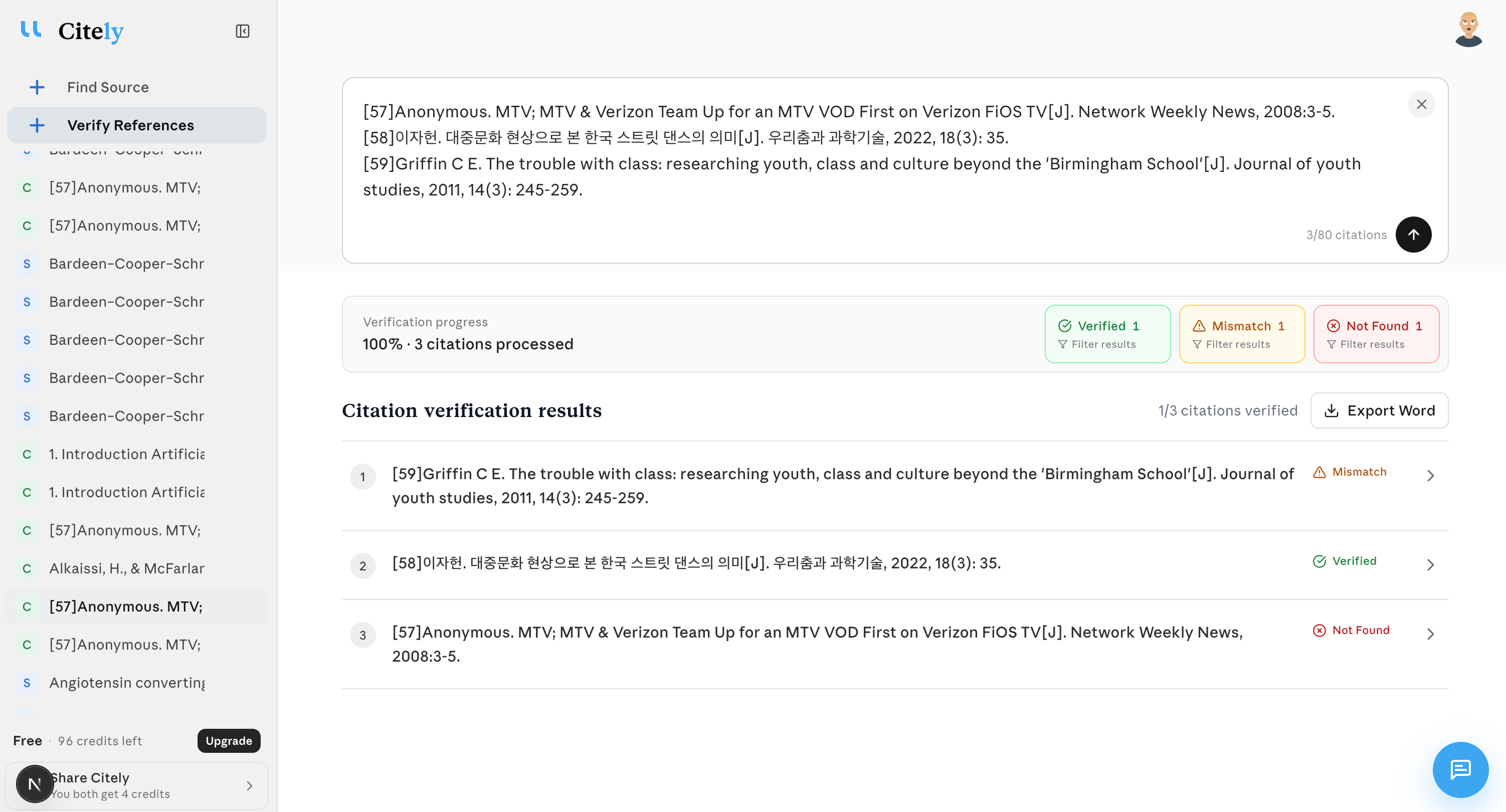 Citely reference verification interface with pasted citations and Verified, Mismatch and Not Found results.