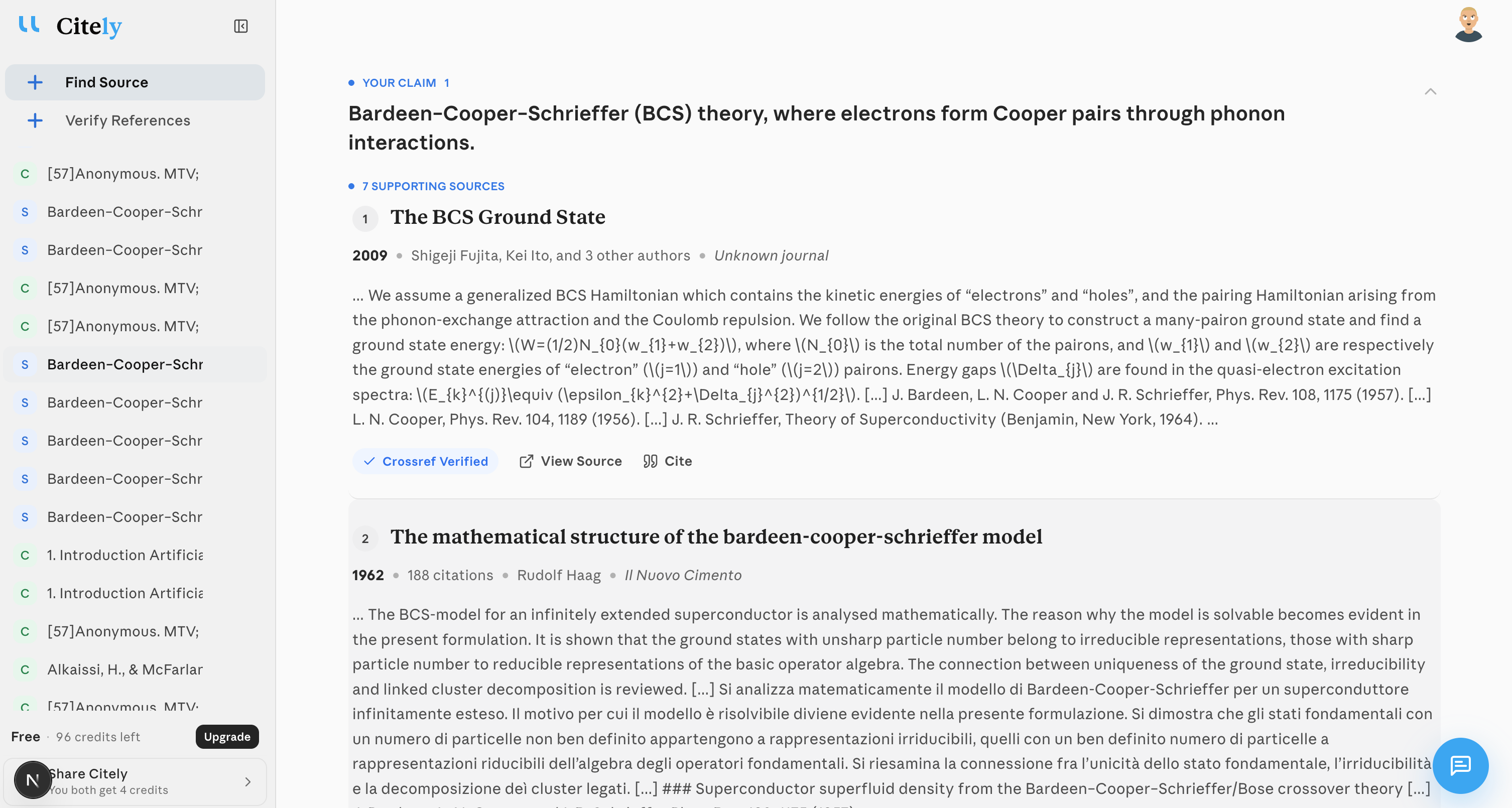 Citely source finder showing papers related to a claim about BCS theory, with metadata, excerpts and source links.