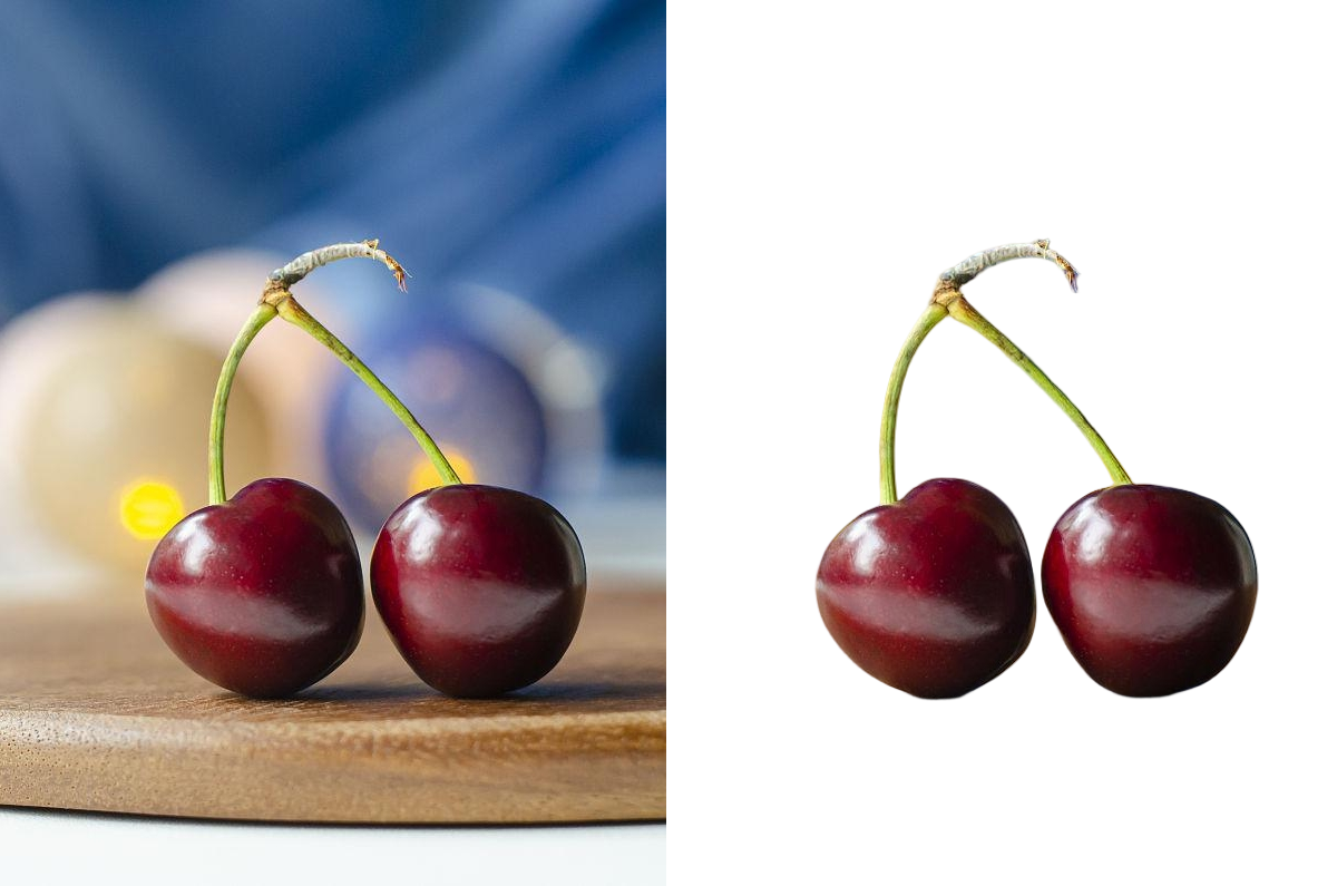 Background removal comparison showing two cherries isolated from their original setting.