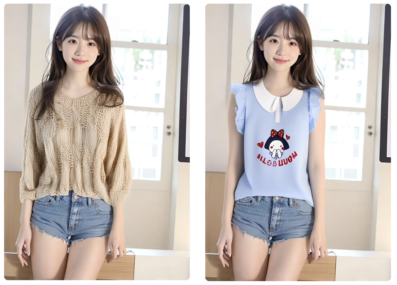 Clothing try-on comparison showing a beige sweater replaced with a blue sleeveless top.