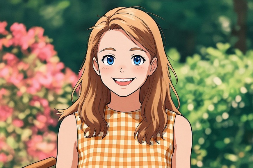 The same portrait turned into an anime-style illustration, with the outfit and floral background kept