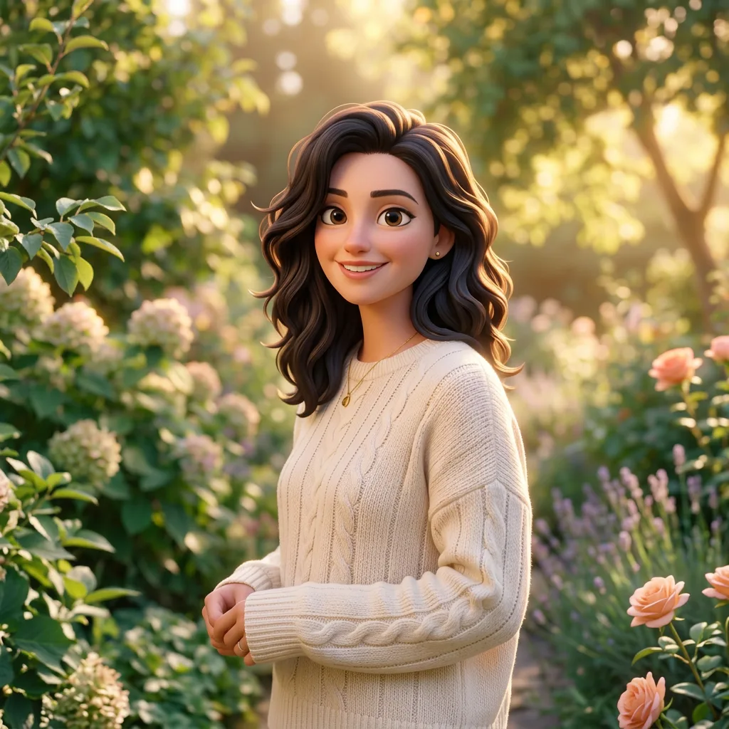 3D cartoon portrait of a woman wearing a cream sweater in a sunlit garden