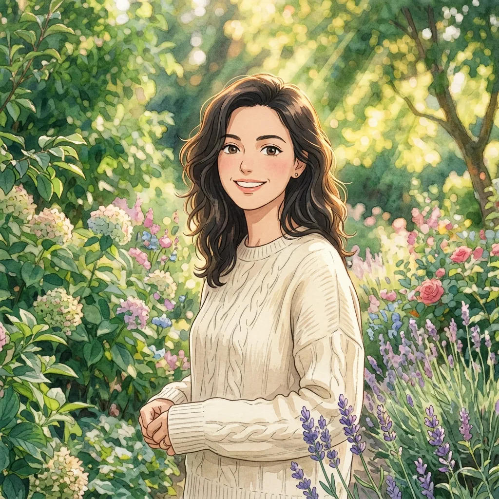 Illustrated woman in a cream sweater surrounded by garden flowers
