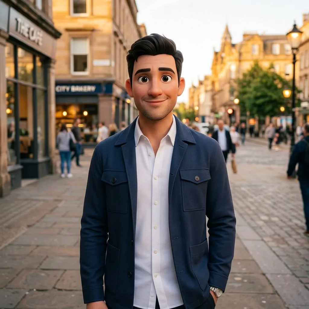 Cartoon portrait of a man in a navy jacket on a city street
