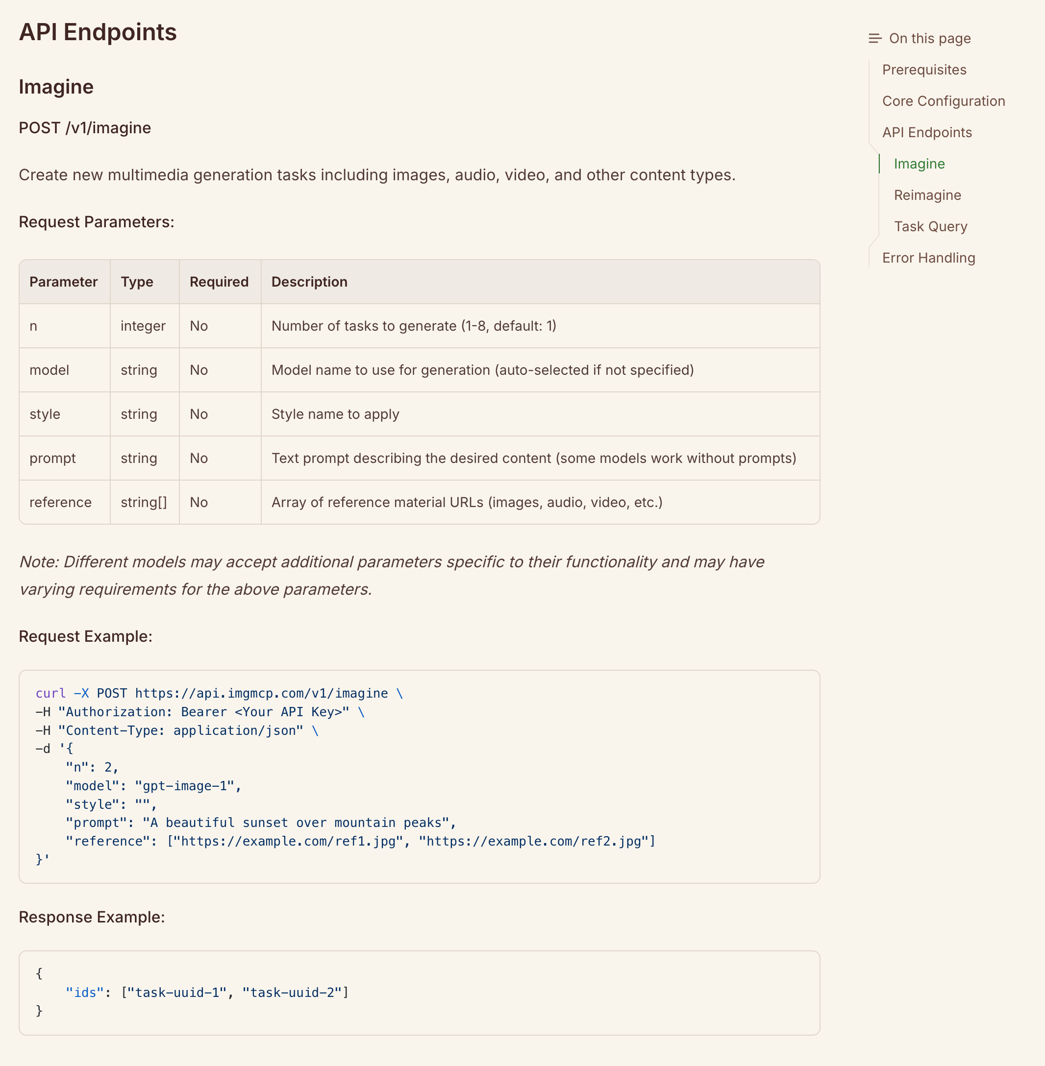 ImgMCP API documentation for the POST /v1/imagine endpoint with request parameters and a curl example