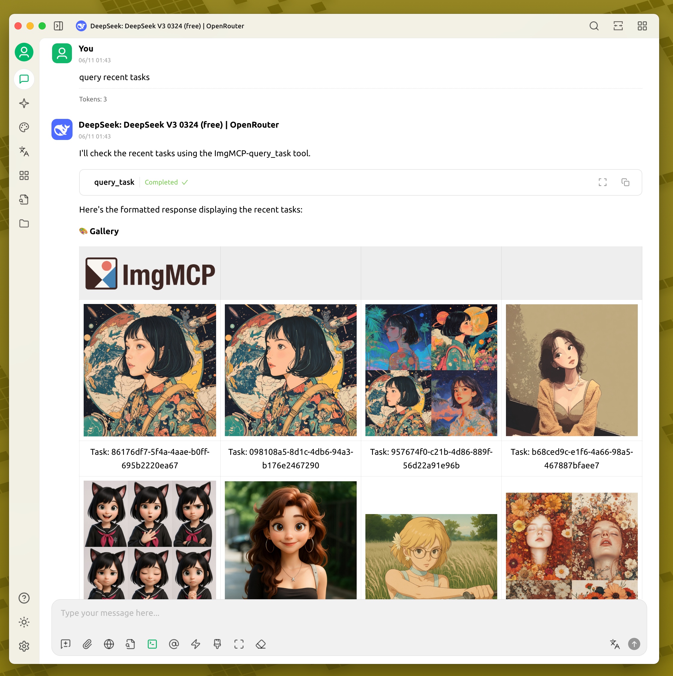 An AI chat client calling the ImgMCP query_task tool and displaying a gallery of recently generated images