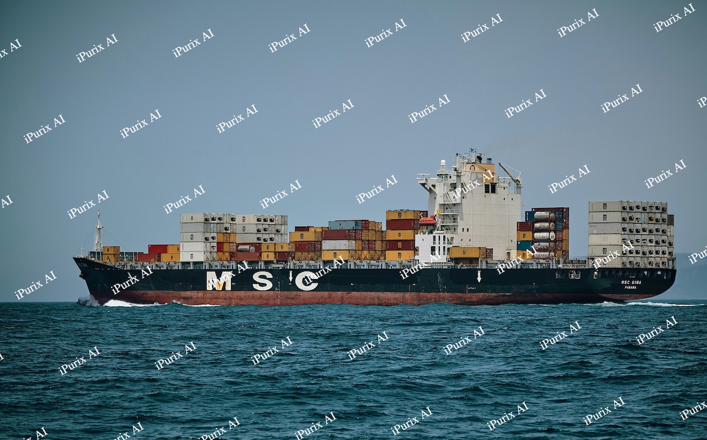 Container ship at sea with a repeating iPurix AI watermark pattern over the entire photo