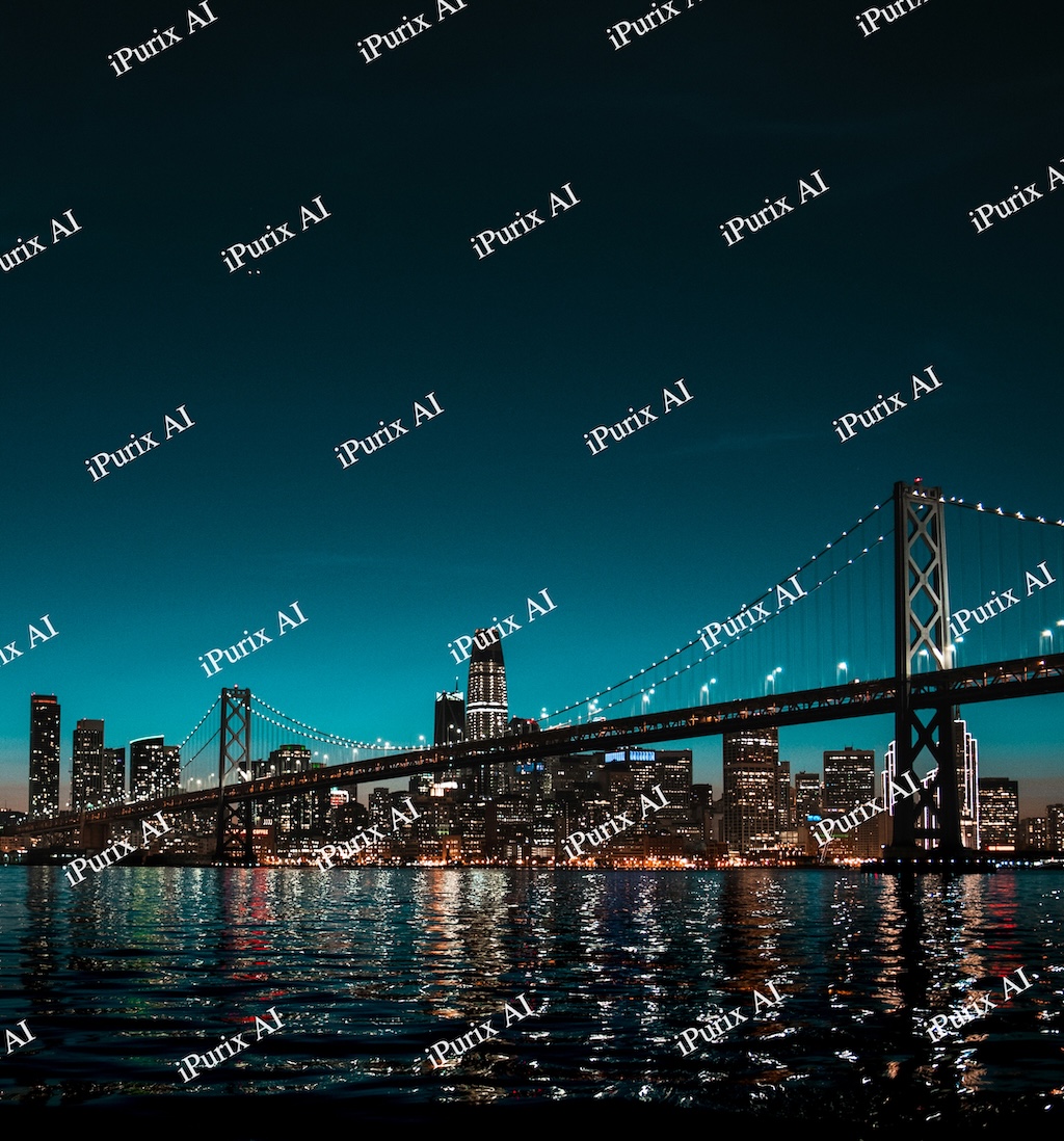 Night photo of a city skyline and suspension bridge covered with a repeating diagonal iPurix AI text watermark