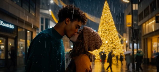 Rain Kiss style preview showing two people kissing on a rainy street with a lit Christmas tree