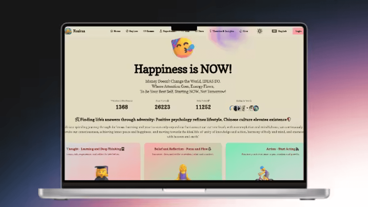 Kuakua homepage shown on a laptop screen, with the 'Happiness is NOW!' headline and cards for Thought, Belief & Reflection, and Action