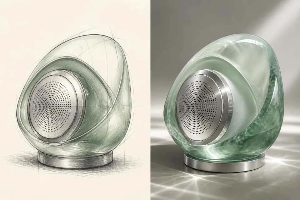 Side-by-side comparison of a pencil sketch of a jade-green speaker and the same speaker rendered as a polished product photo