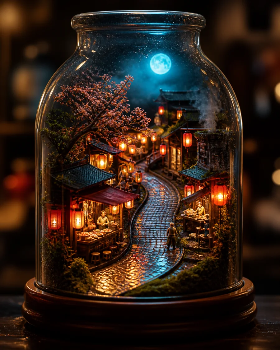 AI-generated miniature night market with glowing red lanterns inside a glass terrarium under moonlight