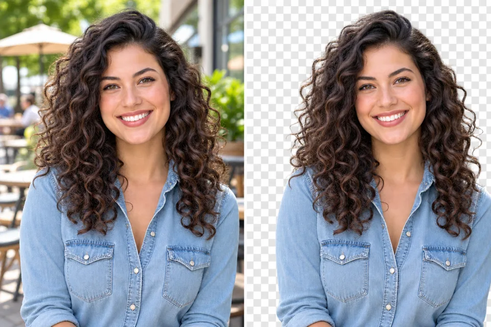Portrait of a woman in a denim shirt before and after background removal, with the background replaced by transparency
