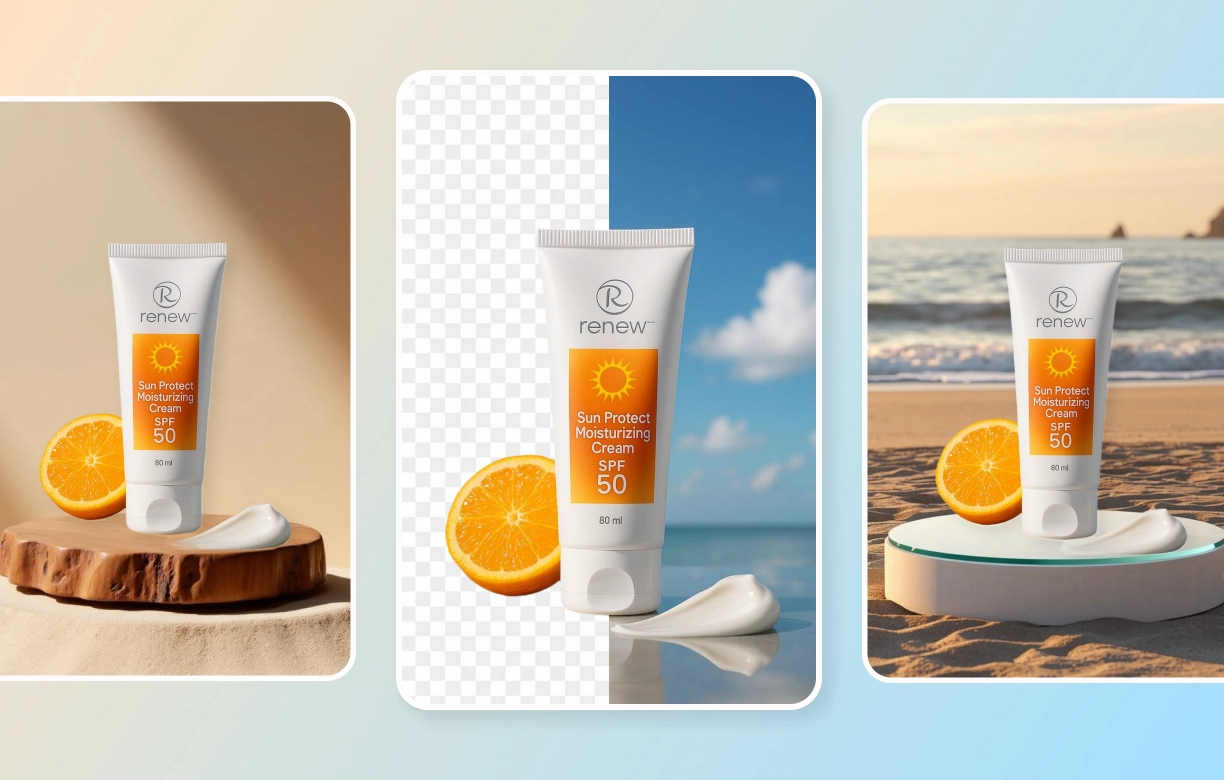 Sunscreen product photo demonstration showing studio, cutout, and beach background variations.