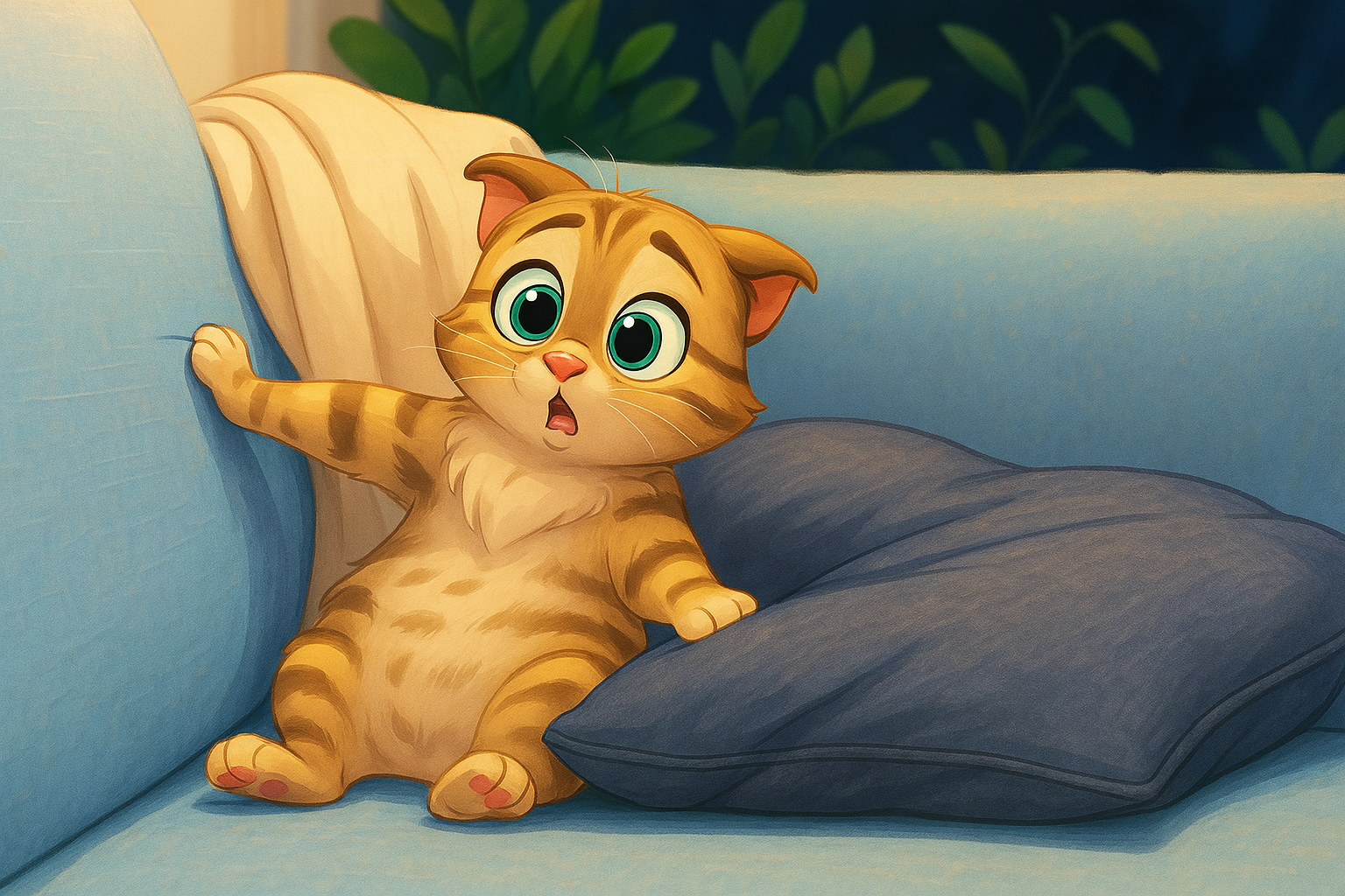 Disney style cartoon of a surprised orange tabby kitten sitting on a blue sofa next to a cushion
