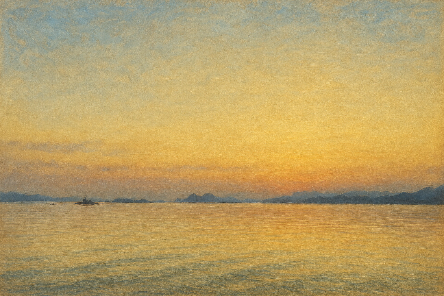 Oil painting style rendering of a sunset over calm water with distant mountains