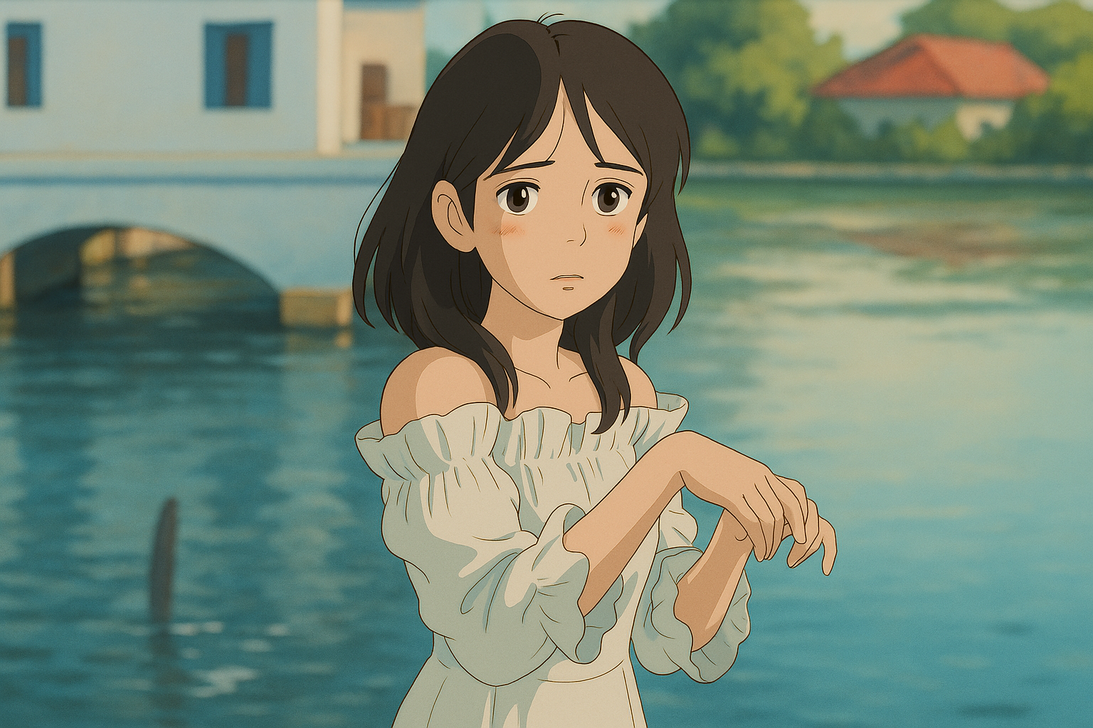 Ghibli style anime artwork of a dark-haired girl in a white off-shoulder dress standing by a river with a stone bridge