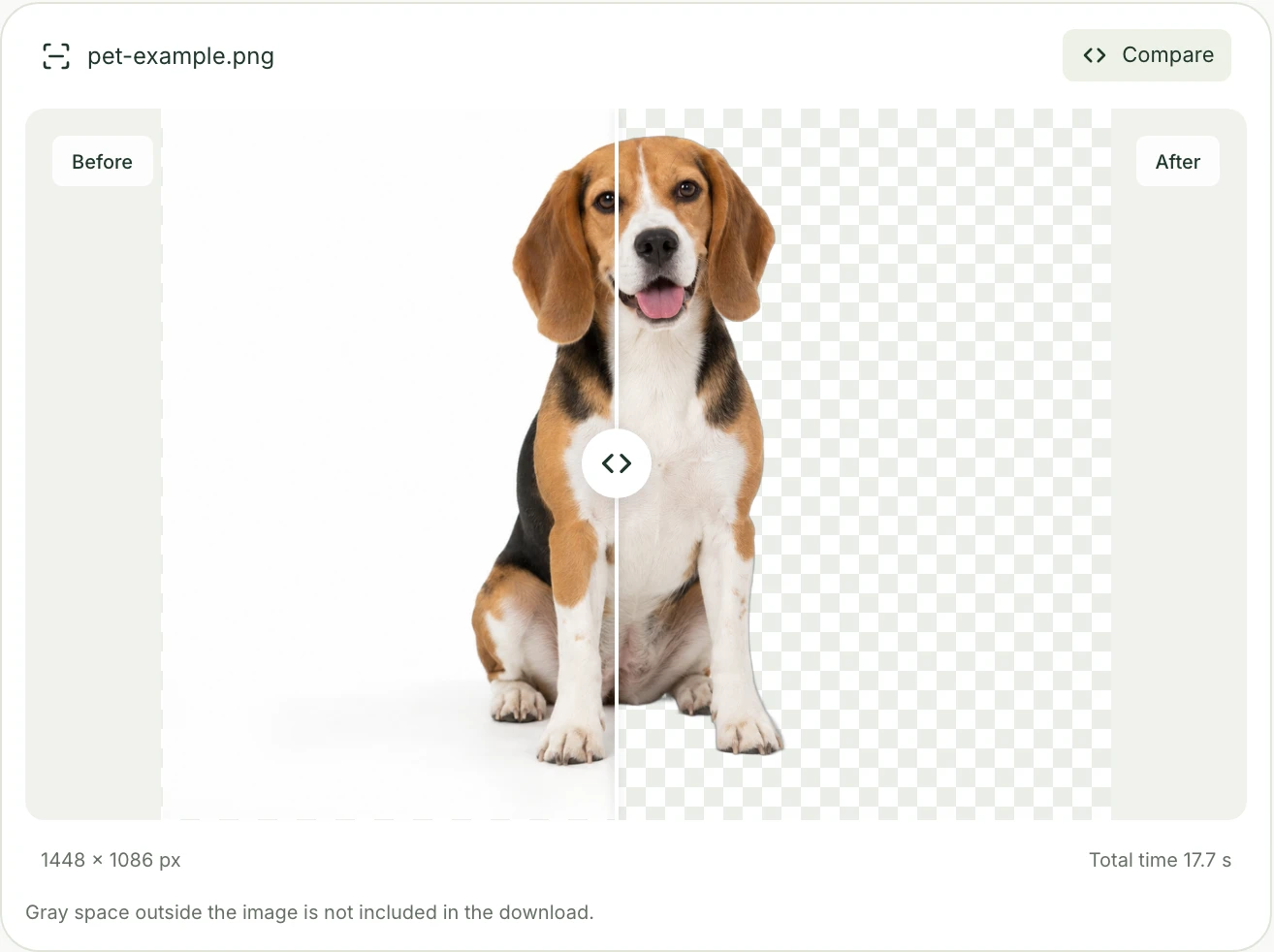 Mattevia 对比视图:一只比格犬,左侧为白色原始背景,右侧为透明背景抠图
