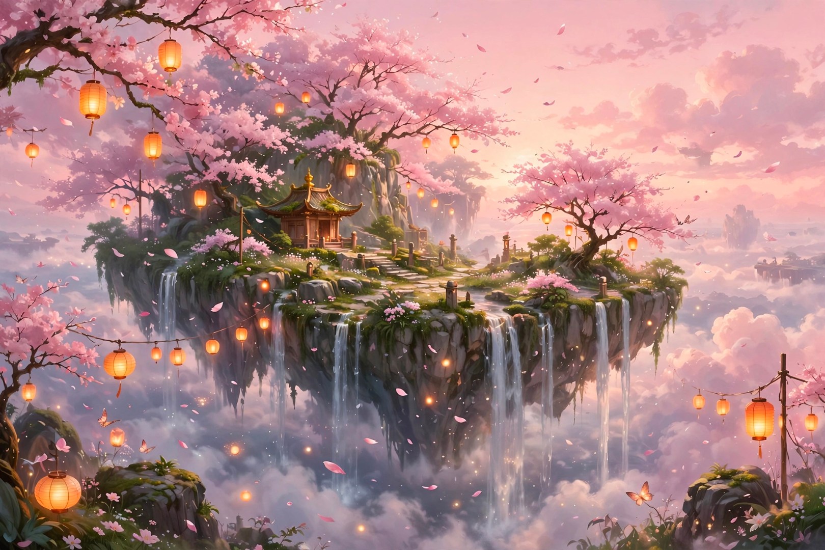 AI-generated fantasy landscape of a floating island with cherry blossoms, a small pavilion, waterfalls and glowing lanterns above pink clouds