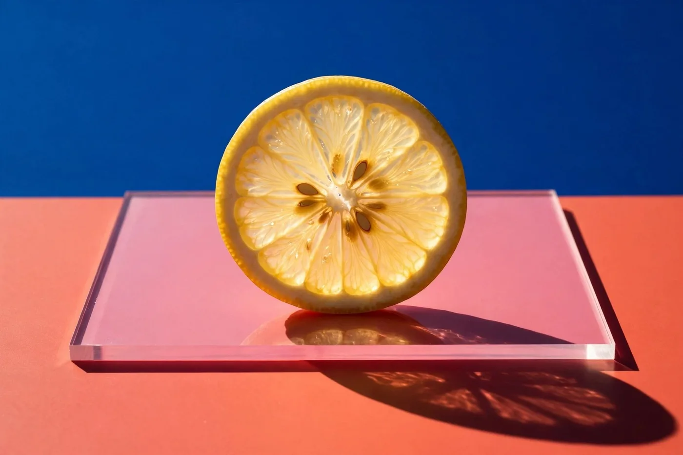 Generated product-style photo of a backlit lemon slice standing on a translucent pink acrylic block against a deep blue background