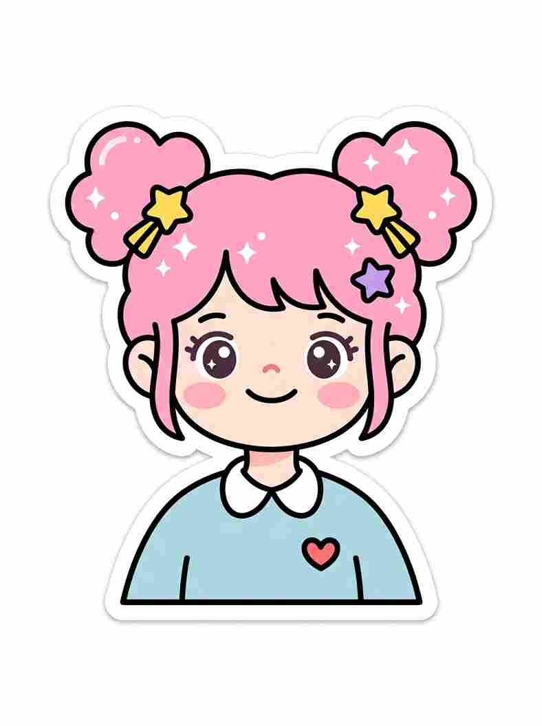 “贴纸”风格预设示例：粉色双发髻、星星发夹的卡通女孩贴纸