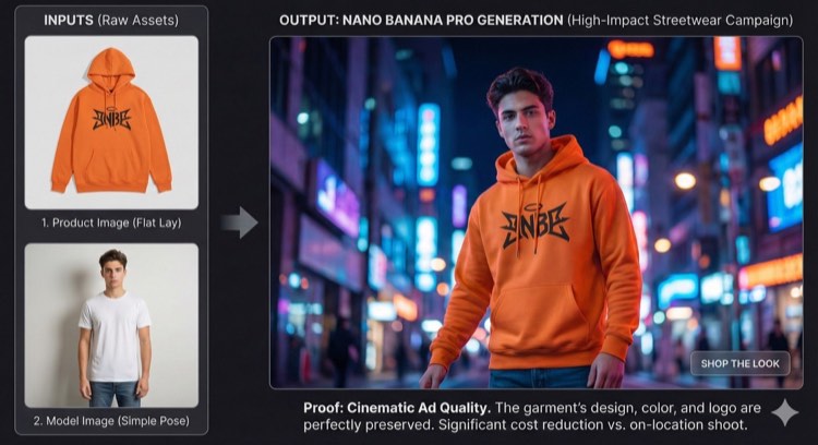 Before-and-after example: a flat-lay orange hoodie and a simple model photo turned into a night-city streetwear campaign image