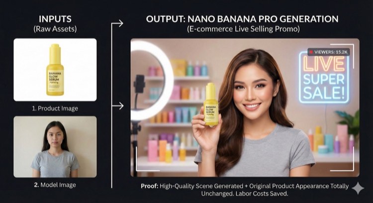 Nano Banana Pro example: a product photo of a serum bottle and a model photo used as inputs, combined into a generated live-selling promo scene