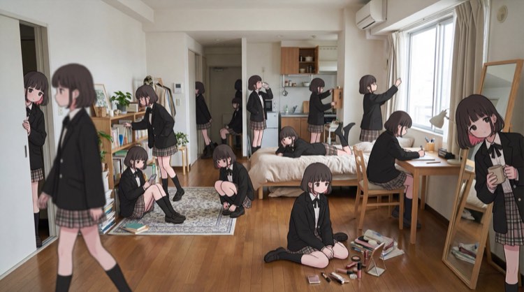 Generated illustration showing the same anime-style girl in a school uniform repeated in many poses across one apartment room