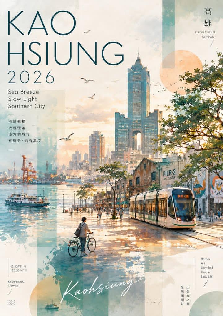 以高雄港湾、城市天际线和轻轨为主题的水彩拼贴旅行海报