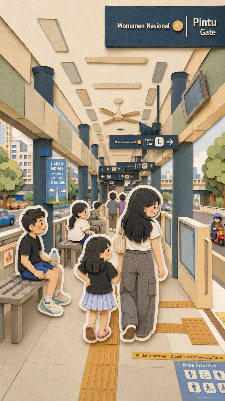 以家庭出行为主题的纸雕拼贴插画，包含站台、长椅和方向指示牌