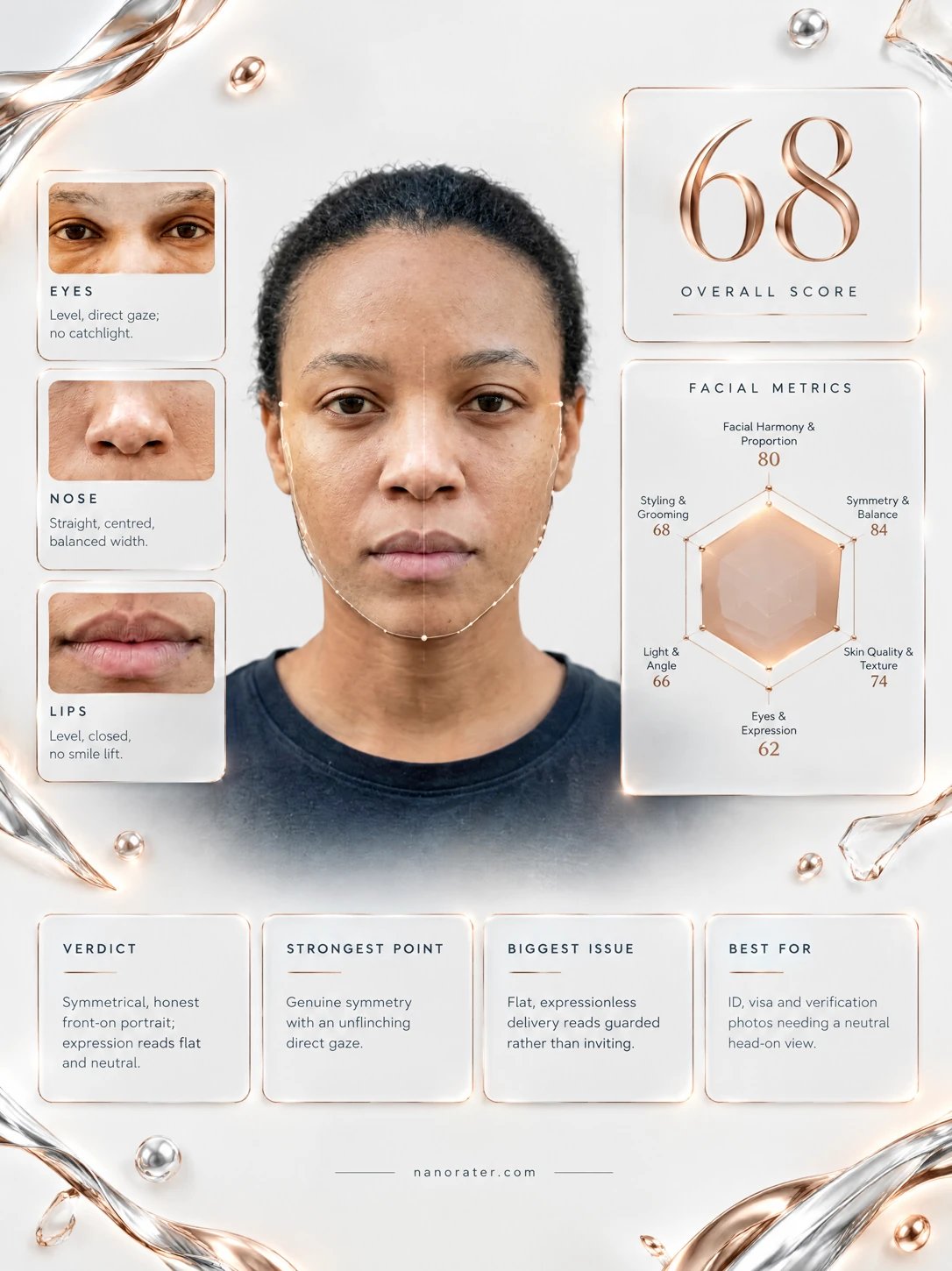 Nanorater example report with a portrait, overall score, facial metrics chart and written observations.