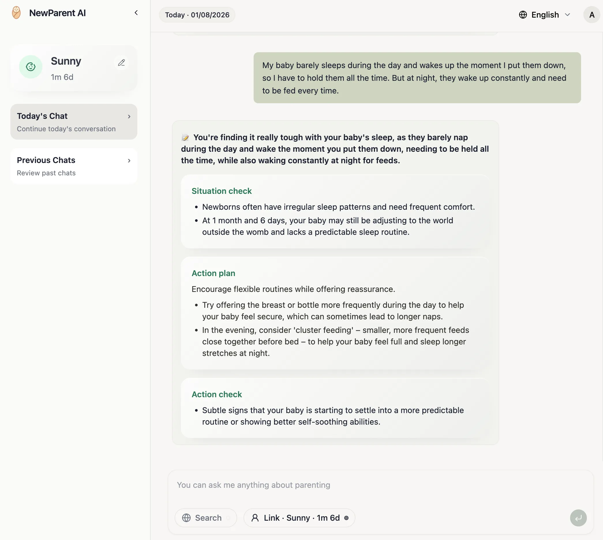 NewParent AI chat interface showing a parent's question about a 1-month-old's sleep and an answer split into Situation check, Action plan and Action check sections