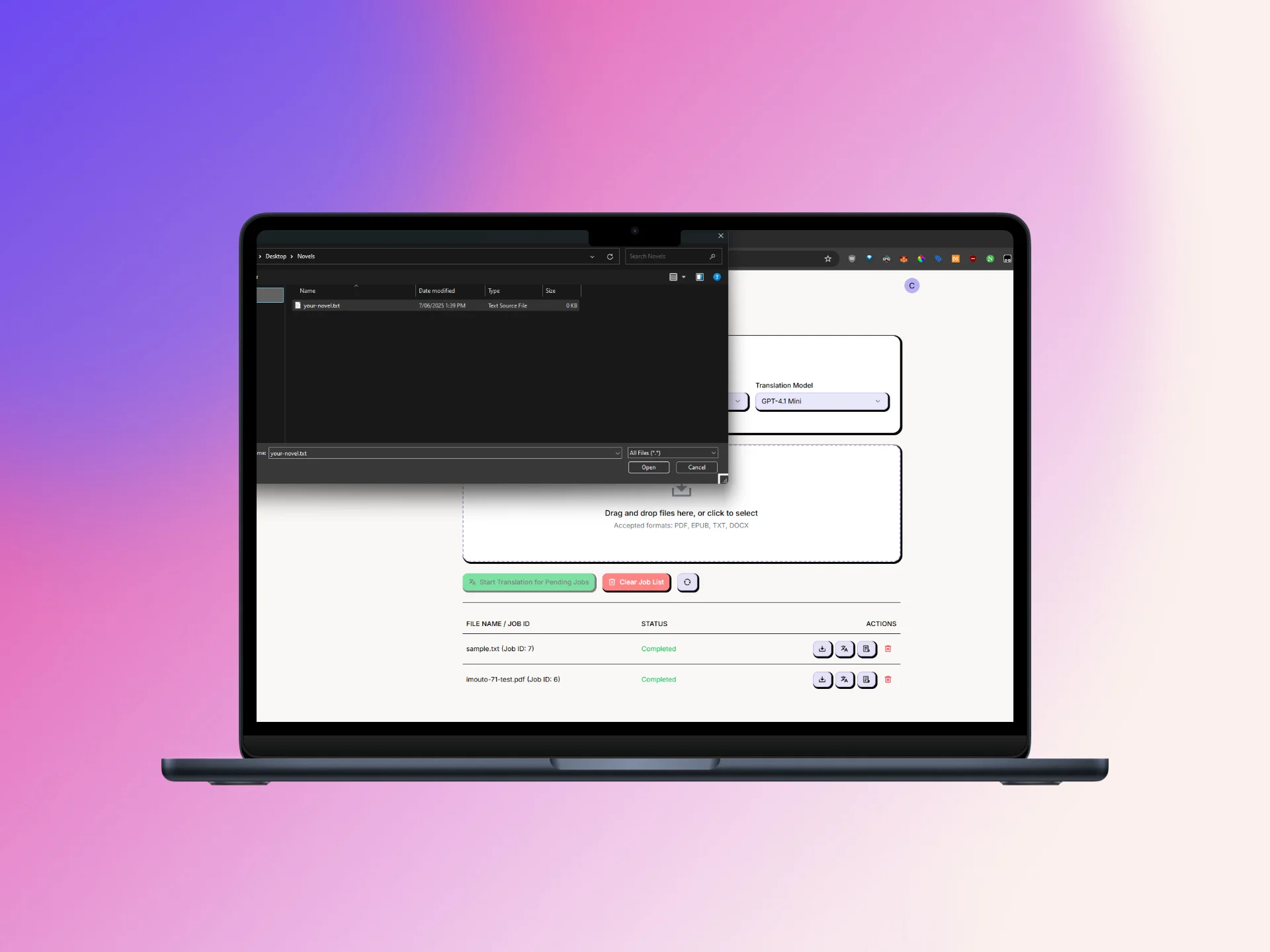 Novel Translator upload screen with a file picker, translation model selector and a job list showing completed translations