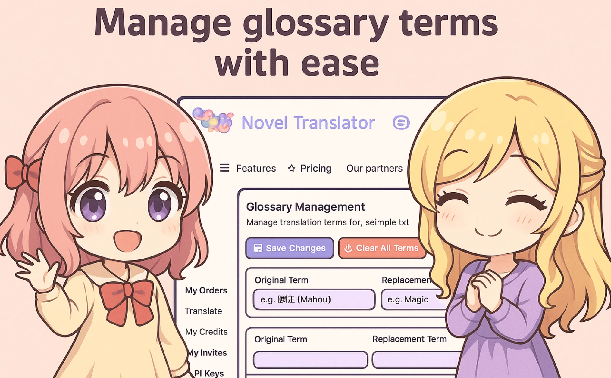 Glossary Management screen in Novel Translator with original and replacement term fields, framed by two illustrated anime characters