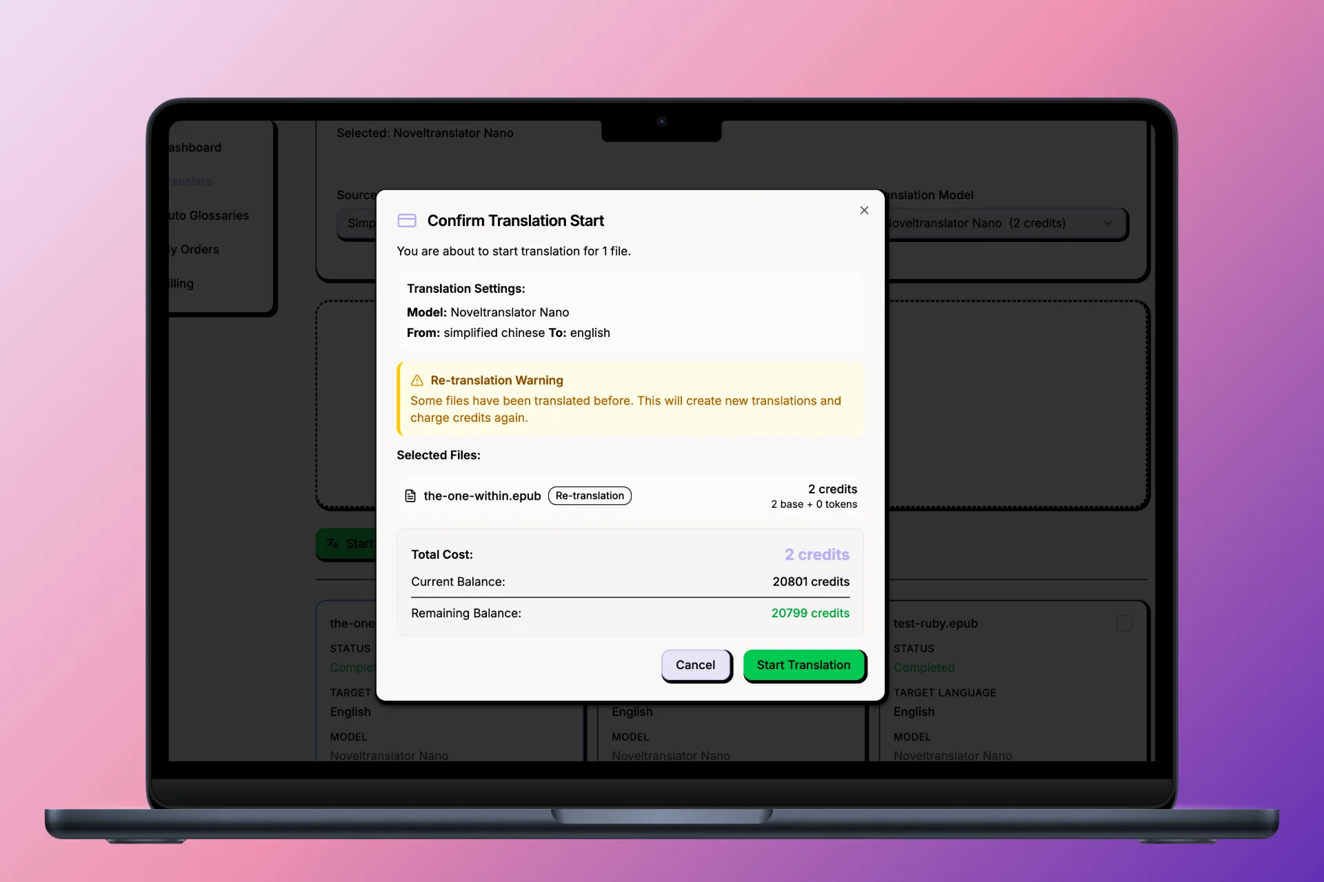 Confirm Translation Start dialog showing model, source and target language, per-file credit cost and remaining balance